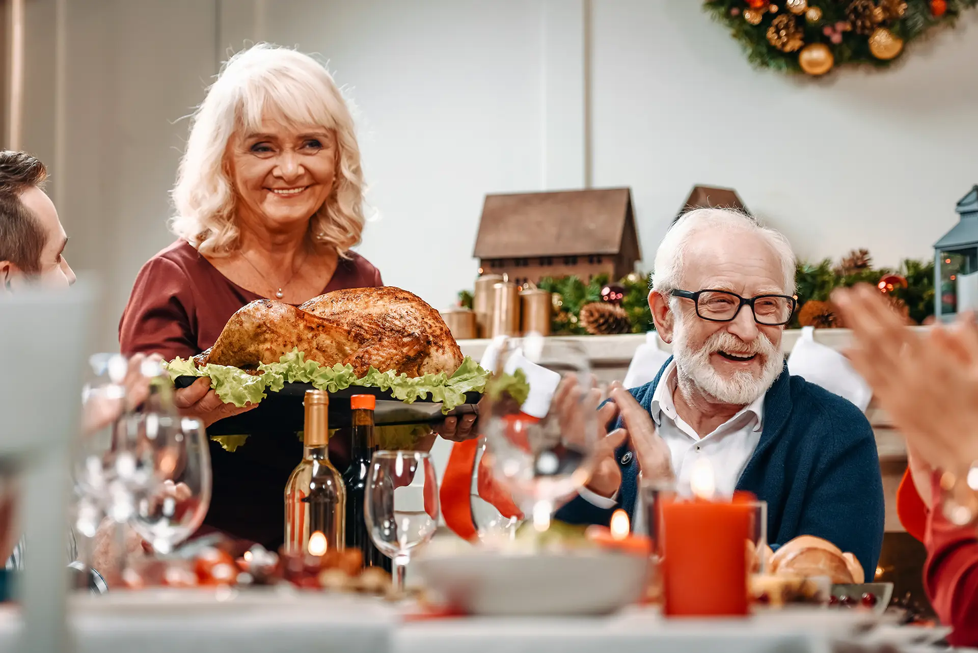 happy seniors about to enjoy a turkey