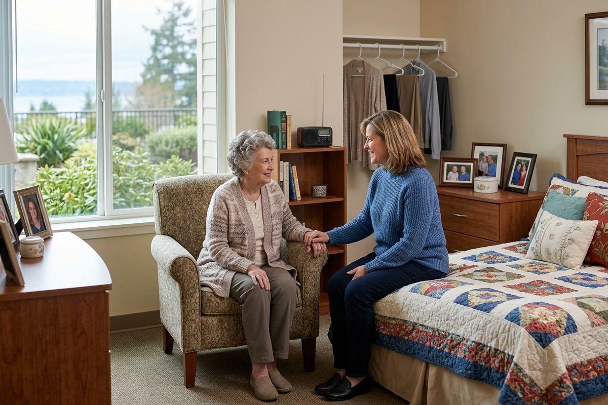 Younger adult holds an elderly person's hand, both smiling, in a bedroom with a window and quilted bed.