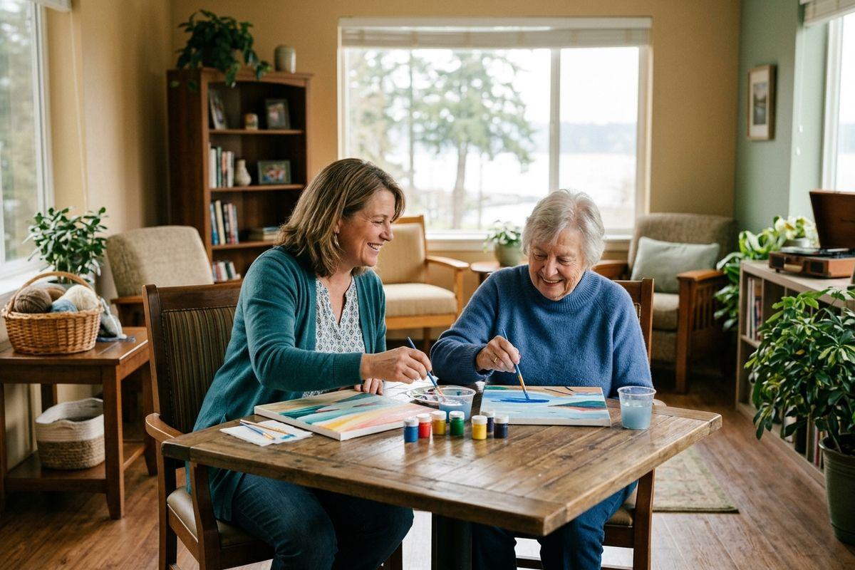 An older adult and their visiting family member smiling as they paint on canvases at a wooden table in a sunlit living room in a memory care community.