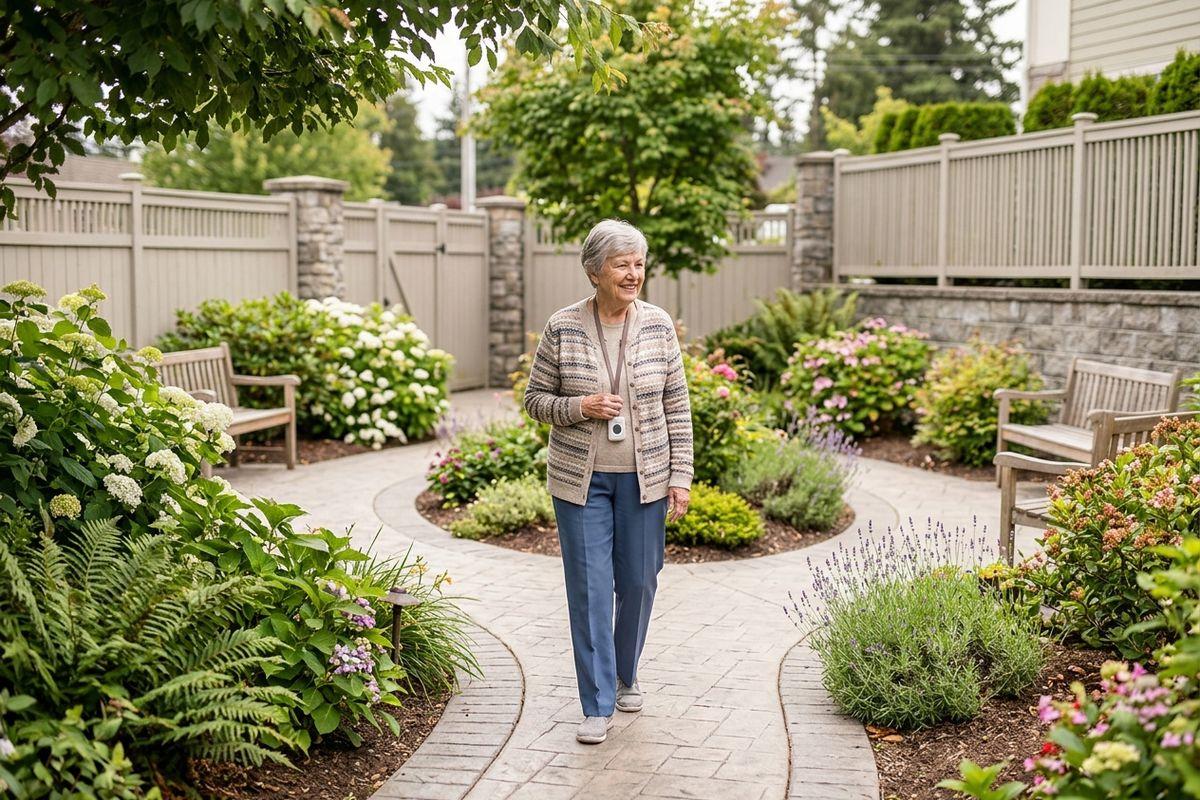 Older adult with a medical alert pendant walking on a paved path through a fenced garden with flowers and benches.