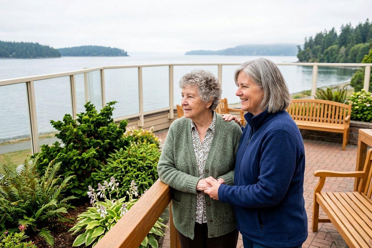 Two adults stand together on a patio overlooking water and tree-lined shores, one smiling with a hand on the other's shoulder.