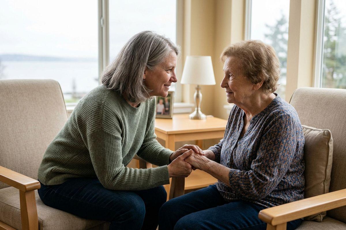 A family member visiting their older loved one in memory care, holding hands and smiling, near windows overlooking water.