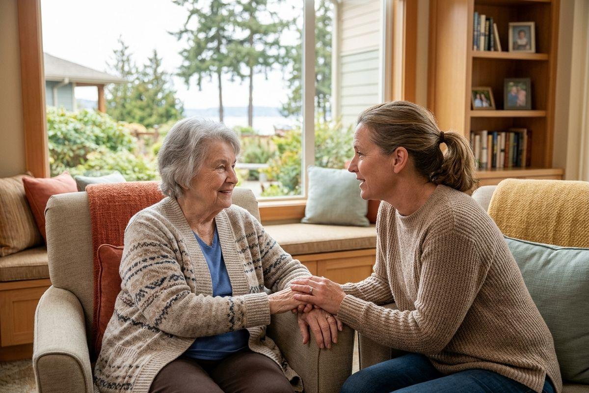 An older adult and a younger adult holding hands, smiling at each other in a community living room by a bright window.