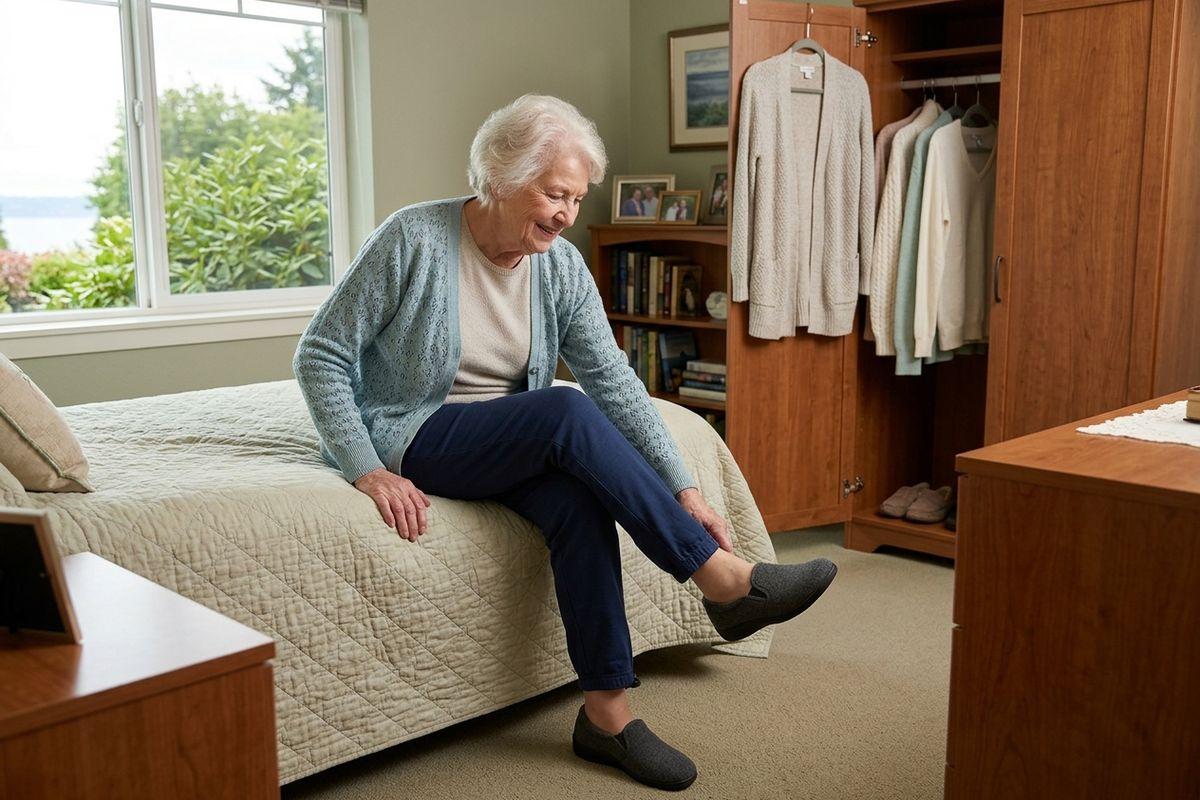 Older adult sitting on bed edge, smiling while putting on slippers, in a bedroom with open wardrobe and window.