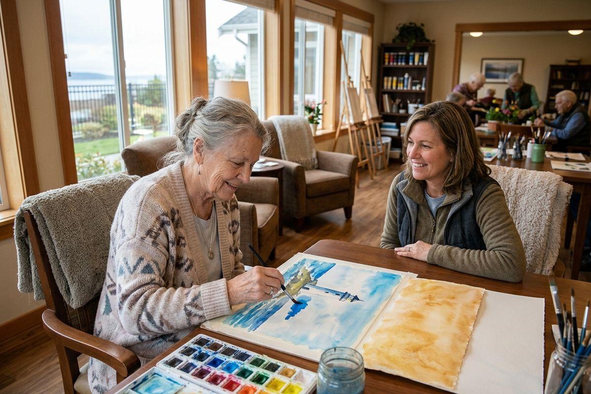 Older adult watercolor painting at a table while another adult watches, smiling, in a bright art room with people painting behind them.