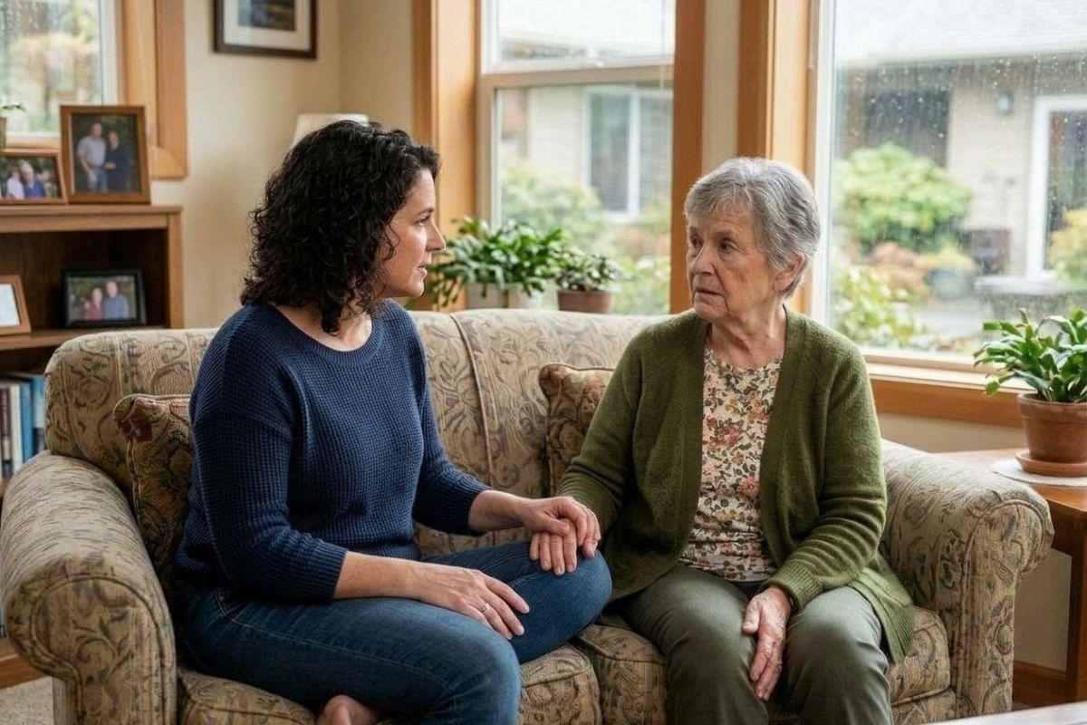 Younger adult and older adult sit facing each other on a floral couch, talking, in a home living room with plants and windows.