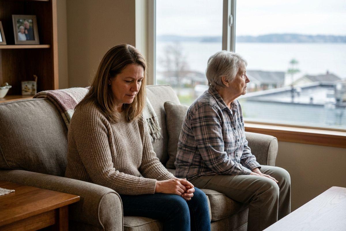 Two adults sit apart on a couch by a window with water view, both looking away with somber expressions.